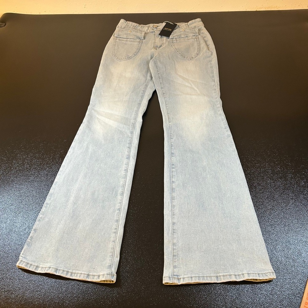 NVFelix Flare Jeans Womens Medium Light Blue High Rise Stretch Patch Pockets NWT